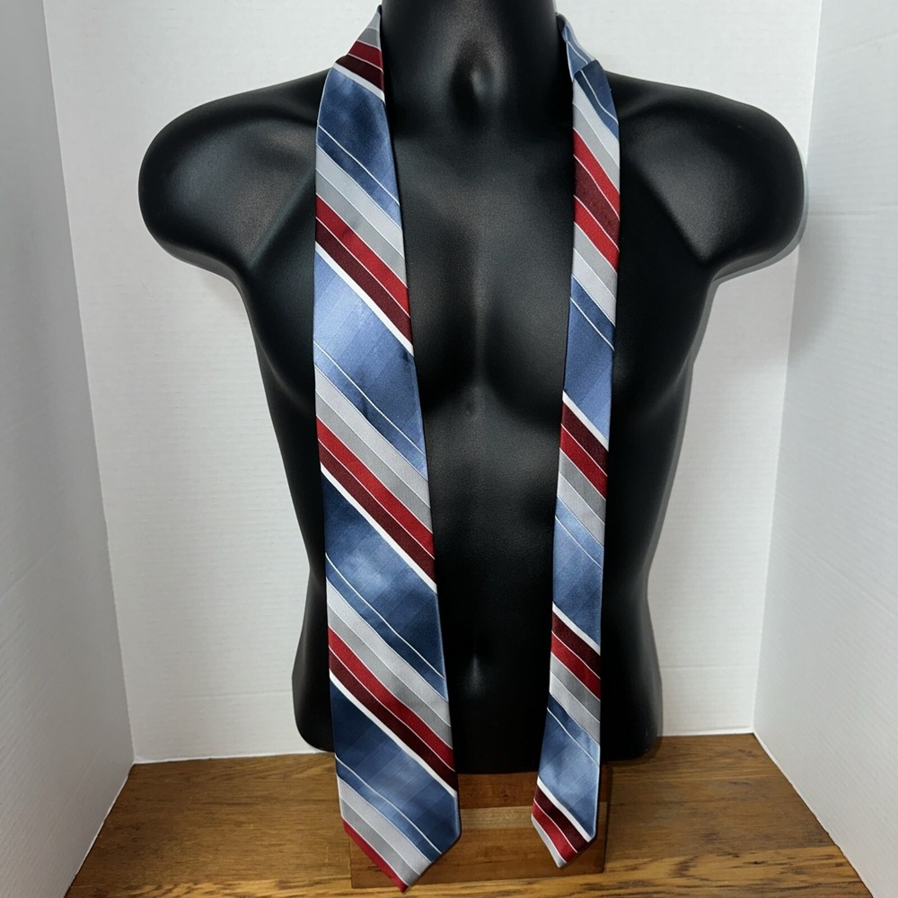 Vintage Wembley Tie Mens 3 1/4 in. Blue Red Grey White Striped Disco Leisure 70s